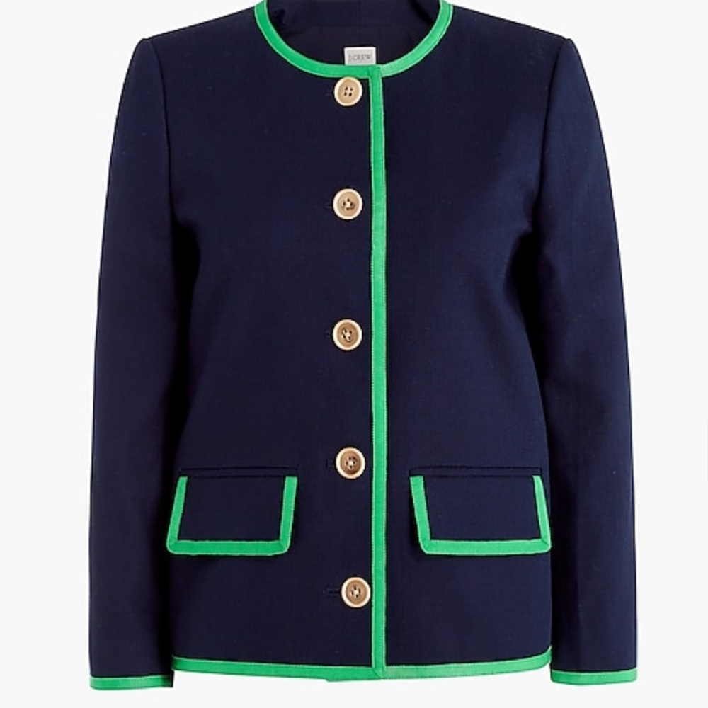 New - J Crew Green Tipped Lady Jacket in Navy Blue Basketweave Size 20